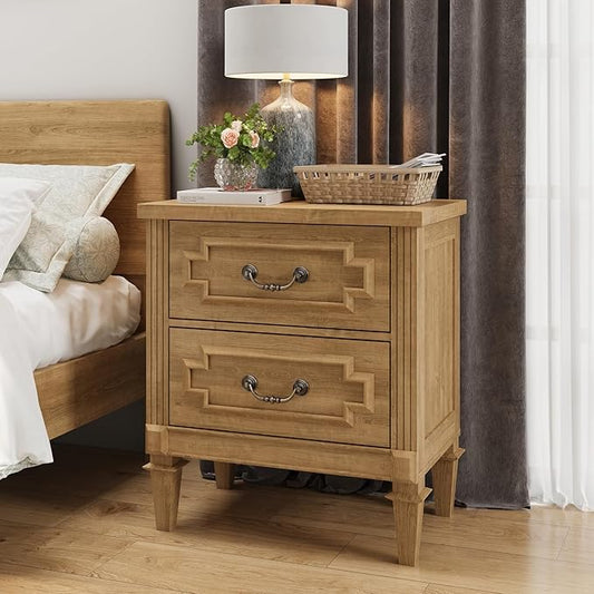 BLANKSPACE Farmhouse Nightstand wtih Vintage Surface, 26" Tall End Table, Side Table with 2 Drawers Storage Cabinet for Bedroom, Living Room, Natural Oak