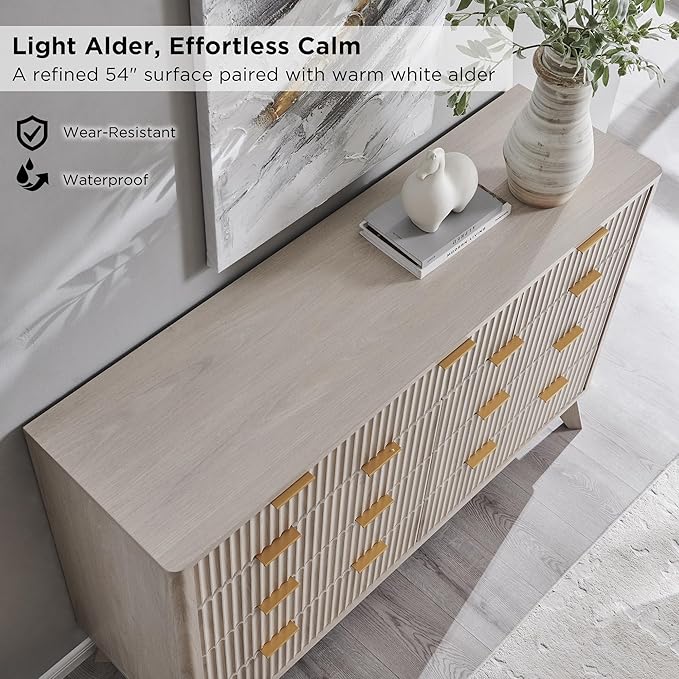 T4TREAM Fluted 9 Drawers Dresser, 54" Wide Modern Chest of Drawers, Curved Profile Design, Dresser TV Stand, Wood Drawer Organizer for Bedroom, Living Room, Hallway, White Alder