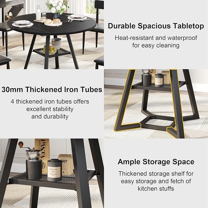 knoworld 43" Round Dining Table for 4, Kitchen Tables Dining Room Circle Dinner Table with Pedestal Metal Frame, Space Saving Wood Industrial Kitchen & Dining Room Tables, Black 43In