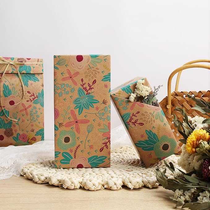 BIOBROWN Kraft Floral Wrapping Paper Roll - 17 Inches X 33 Feet (47 sq. ft. ttl.) Wildflowers Design Flower Gift Wrap for Mother's Day, Wedding, Bridal Shower, Birthday