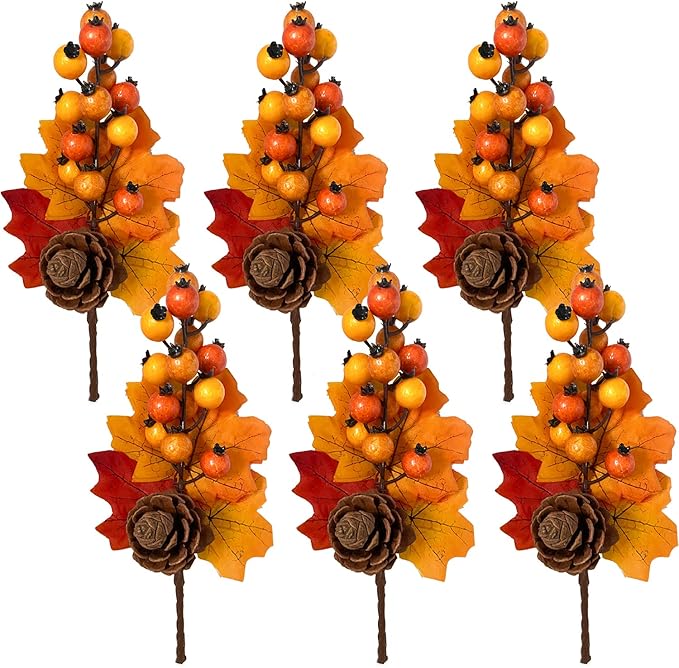 6 Pack Fall Stems Artificial Berry Picks Fall Picks with Pine Cone Maple Leaves Branches Decorations for Harvest Autumn Thanksgiving Day Flower Arrangements Wreaths Indoor Outdoor Home Decor