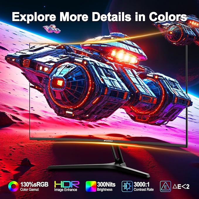SANSUI 27 Inch Curved Gaming Monitor 200Hz 1ms with Speakers FHD 1080P Computer Monitor FreeSync|1500R|130% sRGB|HDR|Low Blue Light|HDMI DP Ports|VESA Mount|Metal Stand(HDMI Cable Incl.)