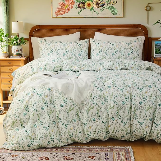 100% Cotton Duvet Cover Sets King Size Reversible Green Garden Bedding Sets Duvet Cover Super Soft Comforter Cover with Zipper Closure, Lightweight, Breathable