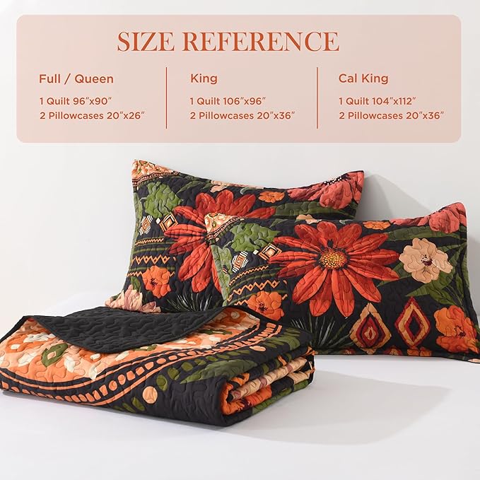 Andency Floral Boho Queen Quilt Bedding Set Black, 3 Pieces Farmhouse Flower Botanical Summer Bedspreads with 2 Shams, Soft Reversible Lightweight Microfiber Coverlet Set for All Season, 90"x96"