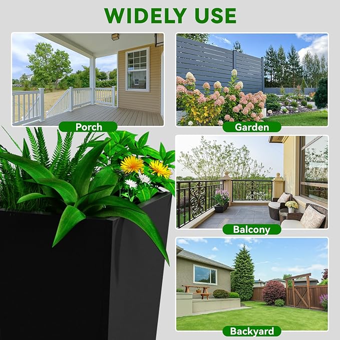 Metal Planter 2 Pack, 15L x 15W x 30H, Heavy Duty Tall Planters for Outdoor Plants, Black Planters with Removable Insert Shelf, Large Planters with Drainage Holes for Porch, Patio, Black