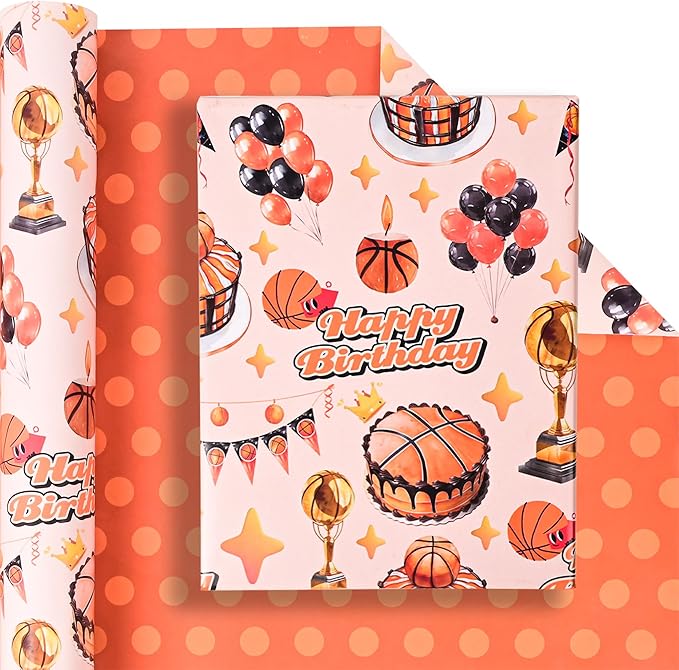 Altarho Reversible Basketball Wrapping Paper Roll for Kids Boys - Sports Basketball Birthday Cake Gift Wrap Sheets for Baby Shower Party Decoration Total 28.5sq.ft