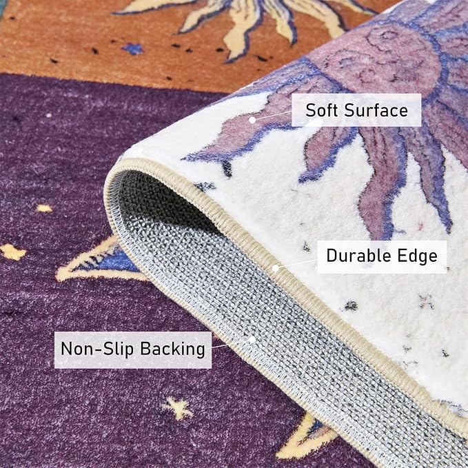 Boho Sun and Moon Washable Rug Ultra Thin, Vintage Mystical Celestial Checkerboard 6x9 Area Rug for Dining Living Room Entryway Dorm, Hippie Retro Aesthetic Cute Trendy Indie Bedroom Accent Carpet