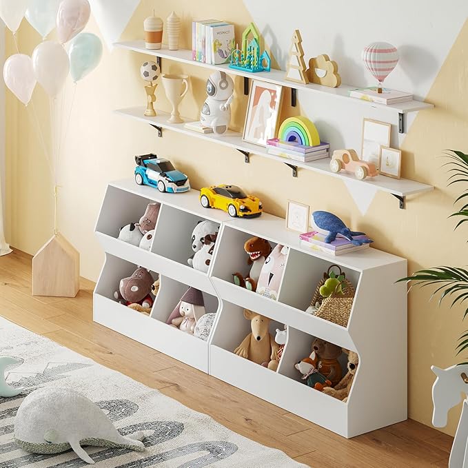 DINZI LVJ Kids Bookshelf, Toy Storage Organizer, Wooden Toy Cabinet, 4 Cubby Children Bookcase, 39.4" L Toddler Book Shelf for Bedroom, Nursery, Hallway, School, White