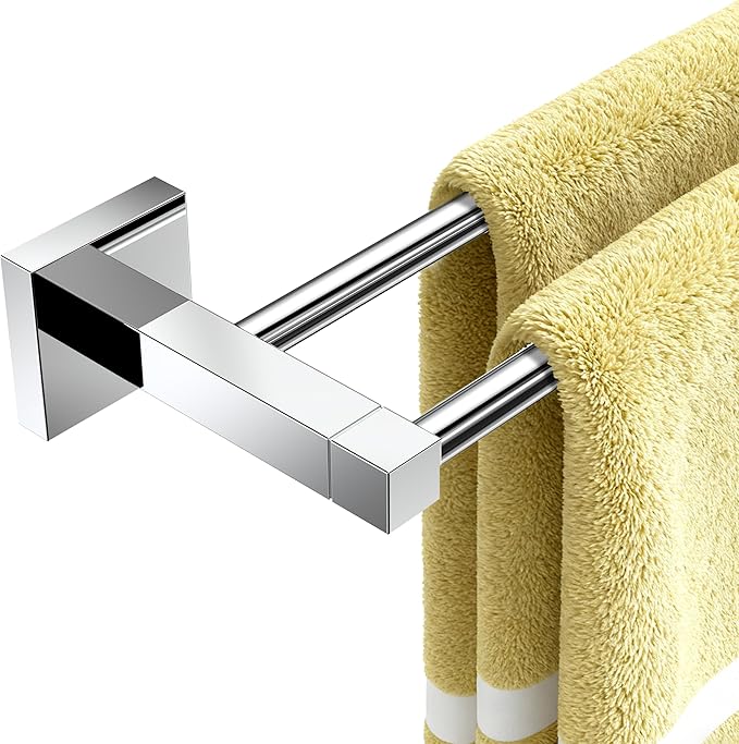 RUACQ Double Towel Bar, 24 Inch Towel Racks for Bathroom Wall Mounted, 304 Stainless Steel Bath Towel Rod with Square Base(Chrome)