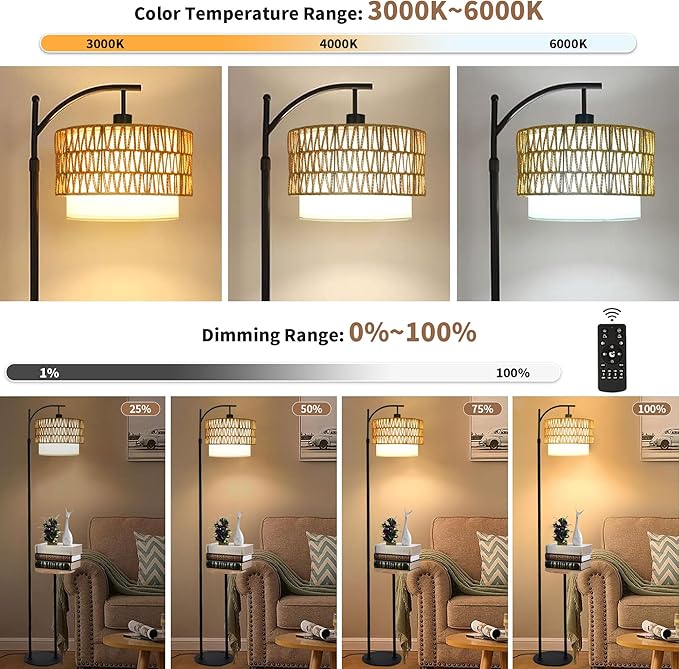 ZECOXOL Arc Floor Lamp with Table and Shelves,Rattan Boho Floor Lamp with Remote Control,Rustic Floor Lamps for Bedroom Wicker Standing Lamp with 3 Color Temperature Tall Lamp for Living Room Corner