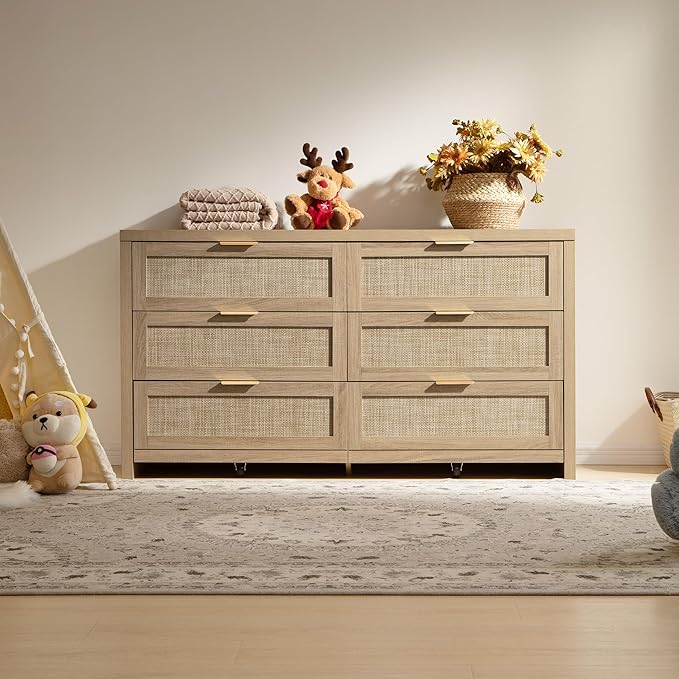SICOTAS Rattan Dresser for Bedroom, 57" Wide 6 Drawer Dresser with Ample Storage, Dressers Large Chest of Drawers, Closet, Boho TV Stand for Bedroom (Reclaimed Light Oak, 1 Piece)
