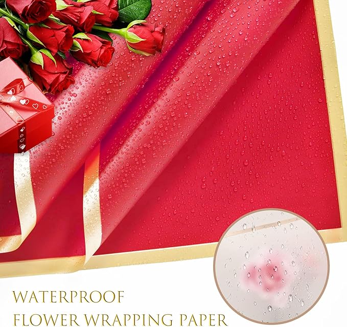 Luerbi 40 Sheets Red Flower Wrapping Paper, Gold Edge Waterproof Floral Wrapping Paper, 22.8x22.8 inch Bouquet Paper Wrap with 2 Rolls Ribbon for Wedding Birthday Gift DIY Crafts Florist Supplies