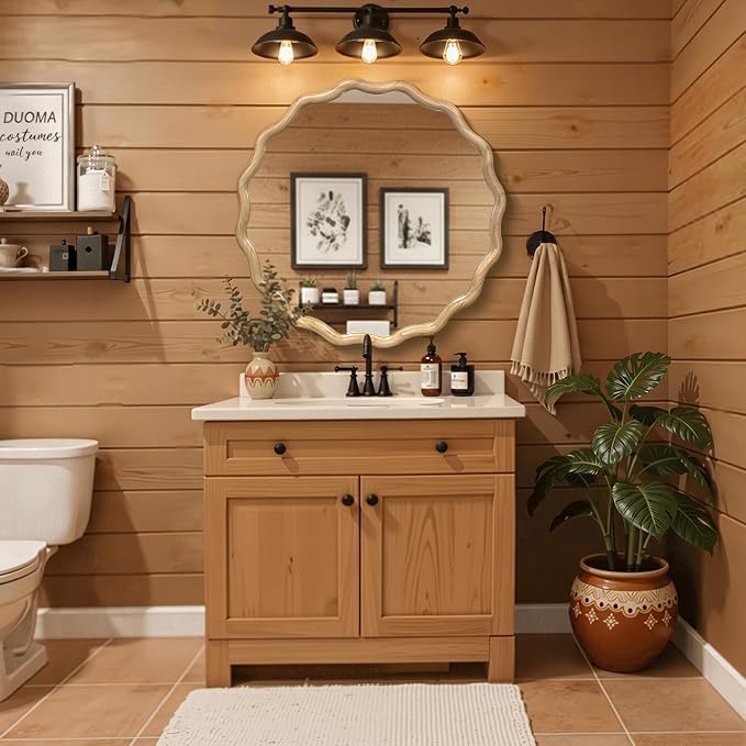 Circle Wood Mirrors for Wall, Wavy Round Bathroom Scalloped Mirror Wooden Frame 30 Inch for Living Room Farmhouse Bedroom Hallway Entryway Living Room with Shatterproof Glass Wall Mounted