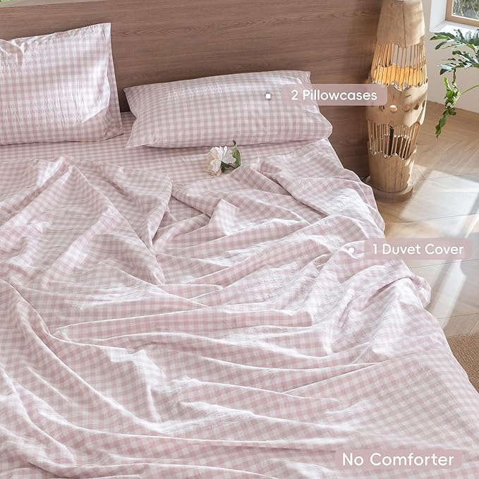 MooMee Gingham Duvet Cover Set 100% Washed Cotton Linen Like Textured Breathable Durable Soft Comfy Modern Checkered Design (Classic Gingham Greyish Pink, Cal King 104"x98")