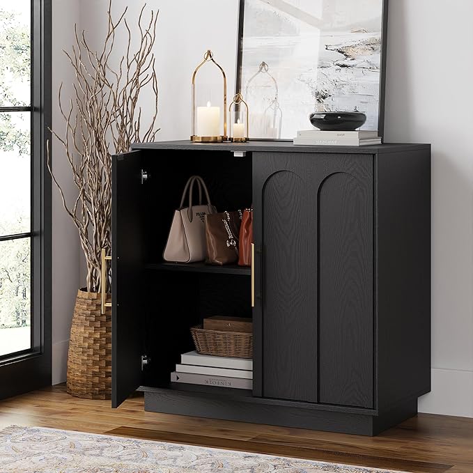 FORTUNETEC Sideboard Buffet Cabinet with Storage Set of 2, Mid Century Modern Accent Cabinet with Arched Doors, Modular Media Console, Credenza for Living Room Kitchen Dining Room Entryway, Black