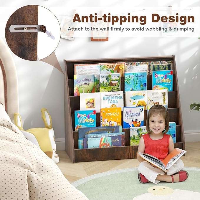 HONEY JOY Kids Bookshelf, 5-Tier Wooden Toddler Bookcase, Children Book Rack & Magazine Display Shelf, Toy Storage Organizer, Book Shelf for Kids Rooms, Playroom, Nursery, Classroom (Rustic Brown)