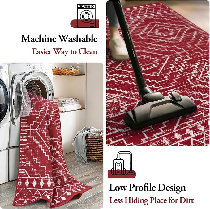 Wonnitar Moroccan Washable 2.5x8 Christmas Runner Rug for Hallway, Non-Slip Stain Resistant Kitchen Runners, Farmhouse Floor Carpet Soft Runner for Bathroom Hall Entyway (Red,2'6"x8')