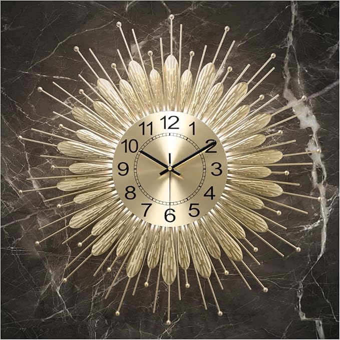 Gold Wall Clock 23 Inch Sunburst，Mid Century Decorative Wall Clocks Battery Operated Sunburst Large Modern Handmade Home Art Decor for Living Room， Corridor, Staircase, Kitchen & Thoughtful Gift