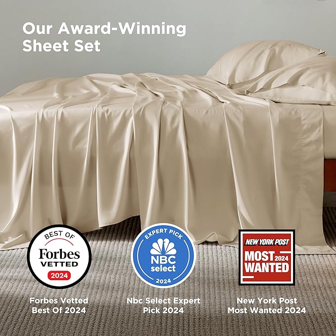 Bedsure California King Sheet Sets, Cooling Sheets for Hot Sleepers, Rayon Derived from Bamboo, Deep Pocket Up to 16 Inches, Breathable & Soft, Hotel Luxury Silky Bedding, Beige