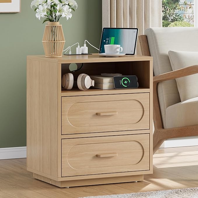 Nightstand Set of 2 with Charging Station, 25.8" Tall Wood End Table with 2 Storage Drawers and Open Shelf, Mid Century Modern Bedside Table for Bedroom, Living Room, Natural Oak