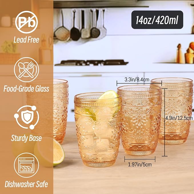 abrwyy Drinking Glasses Set of 6, Amber Glassware, Amber Drinking Glasses, Kitchen Glasses, 14oz Water Glasses, Colored Glasses Drinking Set for Home Dinner Party Wedding