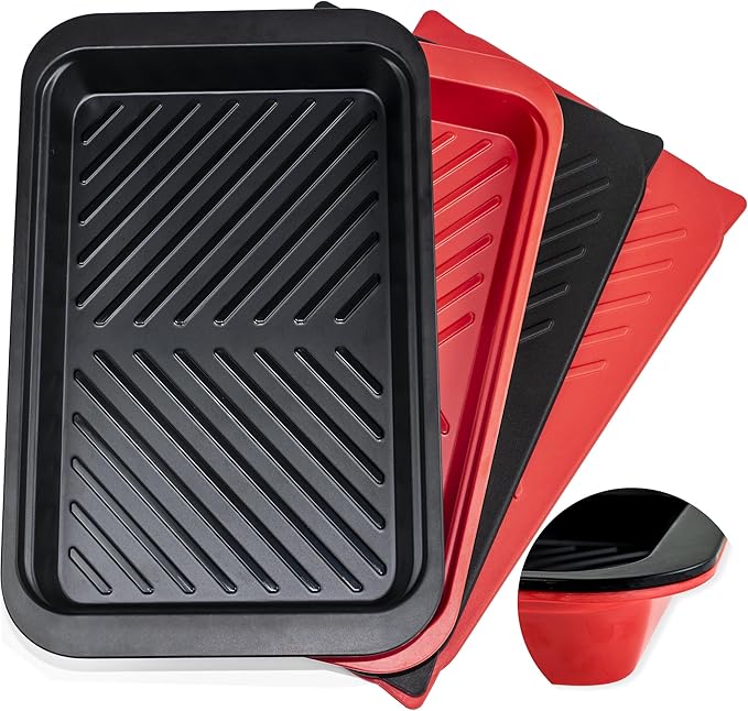 Czlizdyt Deep Grilling Prep and Serve Trays with lid, BBQ Tray for Marinating Raw and Cooked Food, Diswasher Safe Nesting Trays Black in Red