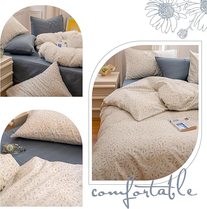 EAVD Botanical Floral Duvet Cover King Soft 100% Cotton Garden Green Floral Tree Branches Pattern Bedding Set with 2 Pillowcases Vintage Floral Comforter Set with Zipper Closure