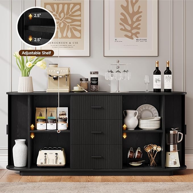 ONBRILL 63" Fluted Sideboard Buffet Cabinet with 3 Drawers & 2 Doors, Mid-Century Modern Buffet Sideboard Cabinet with Storage, Coffee Bar Table with Adjustable Shelf for Kitchen, Living Room, Black