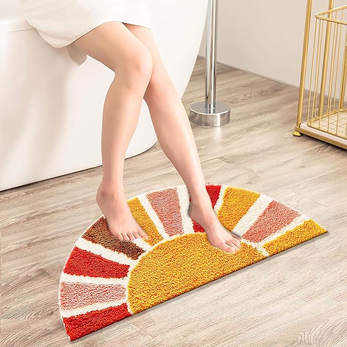 UKELER Boho Bathroom Rugs Half Circle Bohemian Bath Mat Cute Sun Retro Area Rugs for Home Decor Non Slip Washable Absorbent Bath Rug for Bathroom,Sink, Shower, Tub 30''×16''