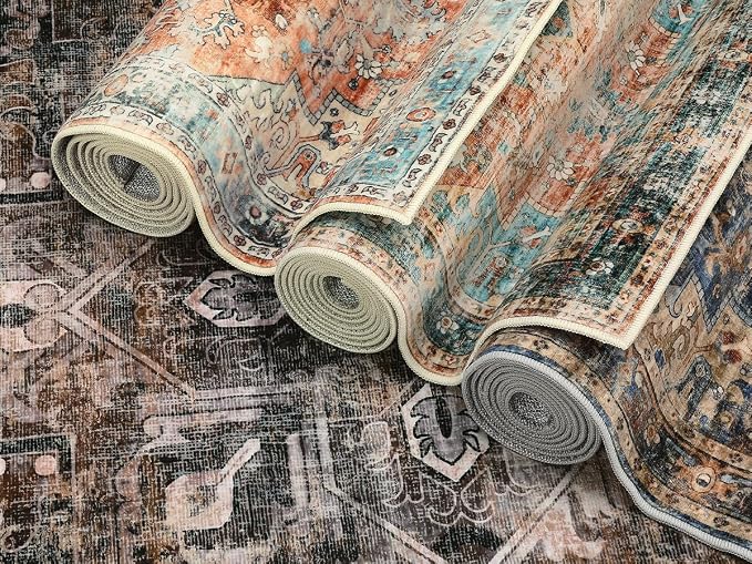 Washable Boho Vintage 8x10 Area Rug Non Slip Boho Medal Living Room Rugs Non Shedding Farmhouse Distressed Carpet Mat Foldable Thin Retro Large Rug for Office Nursery Playroom Brown