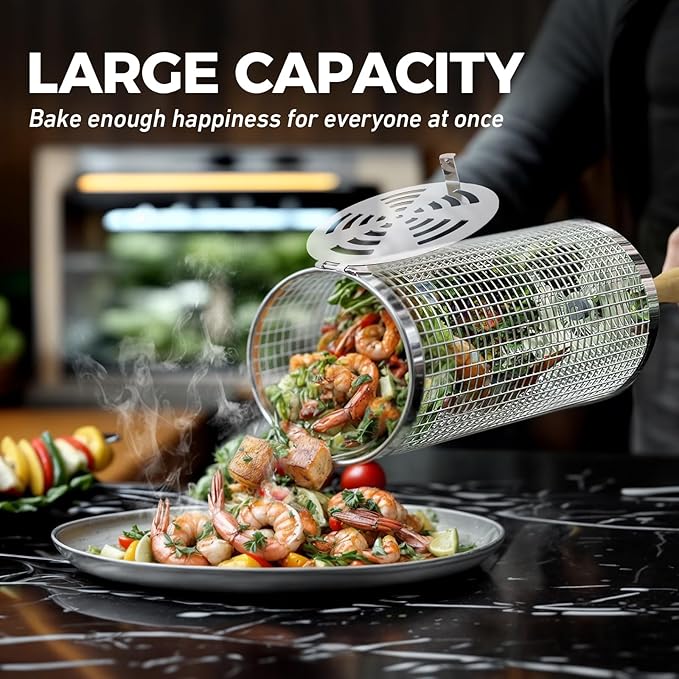 Rolling Grill Basket(2PCS), Removable Wooden Handle, 304 Stainless Steel, Grilling Accessories Tools for Vegetables Meat Food, Outdoor Camping Grilling, Birthday Gifts for Men Husband Men