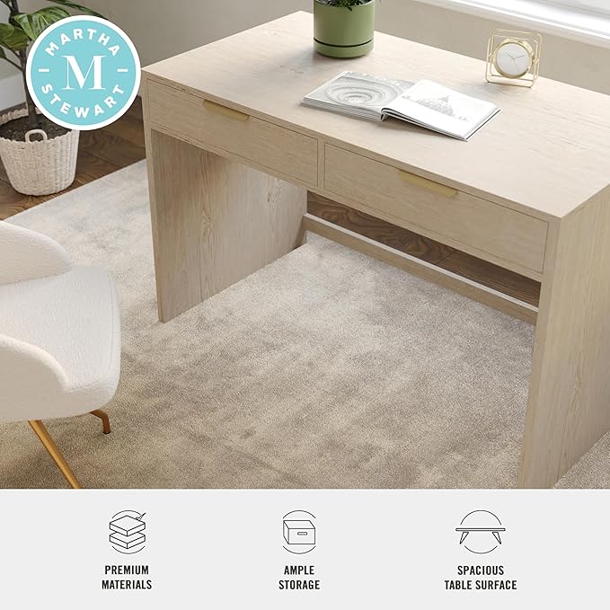 Martha Stewart Kayden Home Office Modular Desk with 2 Drawers in Light Natural with Brushed Gold Hardware
