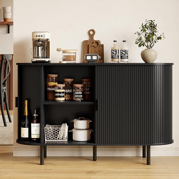 Buffet Sideboard Cabinet with Storage, 48" Fluted Cabinet with Sliding Door & Adjustable Shelf, Modern Accent Coffee Bar Console Table for Kitchen, Entryway, Black