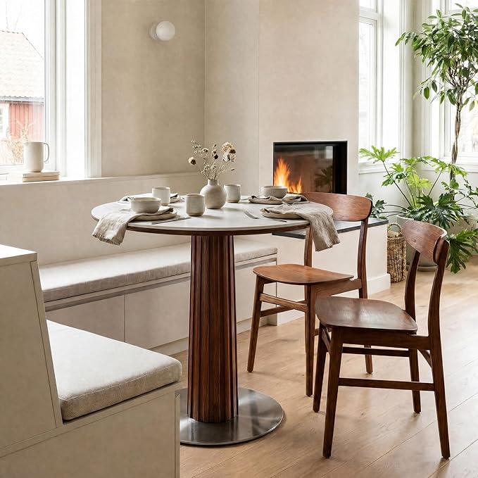 Round Dining Table, 31.5" Solid Wood Dinner Table with Thickened Top & Steel Pedestal, Mid Century Modern Bistro Table for Kitchen, Small Space, Living Room, Cafe, White & Walnut -Style B