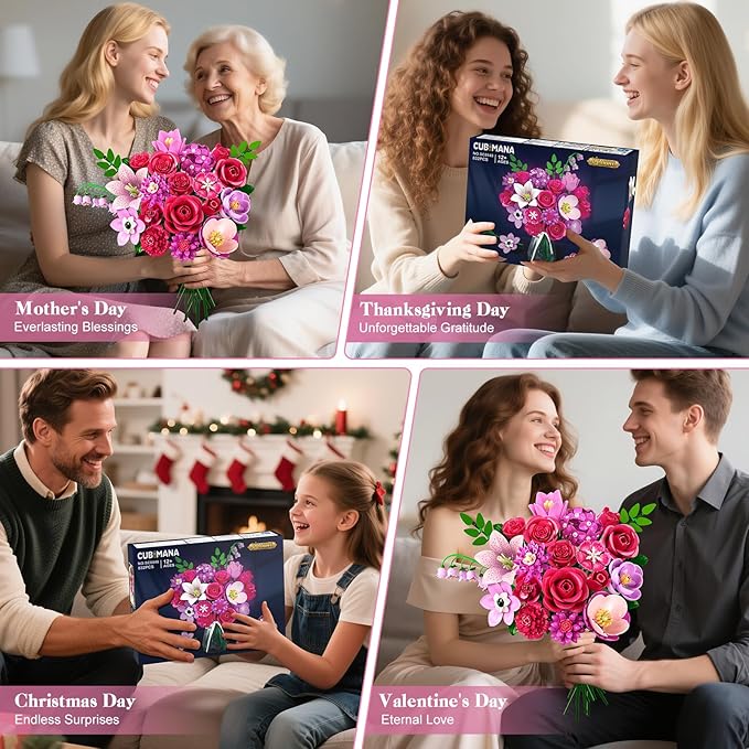 Flowers Bouquet Building Set with Light - 21 Rose Red Botanical Collection Building Block Set for Adults, 832 PCS Flower Plant Kit for Home Decor, for Her Women Girls Kids 12+