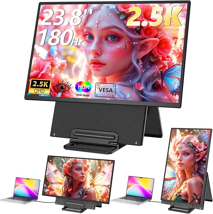 23.8" Large Portable Monitor, 2.5K QHD 180Hz Laptop Screen Extender, 150% RGB 178° IPS, Speakers & USB Hub for Office/Gaming with Kickstand, Travel Monitor for Laptop/PC/Mac/Xbox, VESA USB-C & HDMI