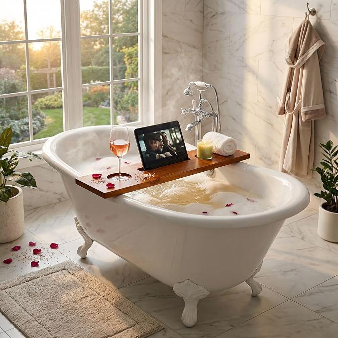 Teak Bathtub Tray for Tub, 40" Solid Teak Wood Bath Caddy Tray with Tablet & Wine Glass Holder, Water-Resistant Bath Tub Tray Wood for Spa Bathroom Accessories