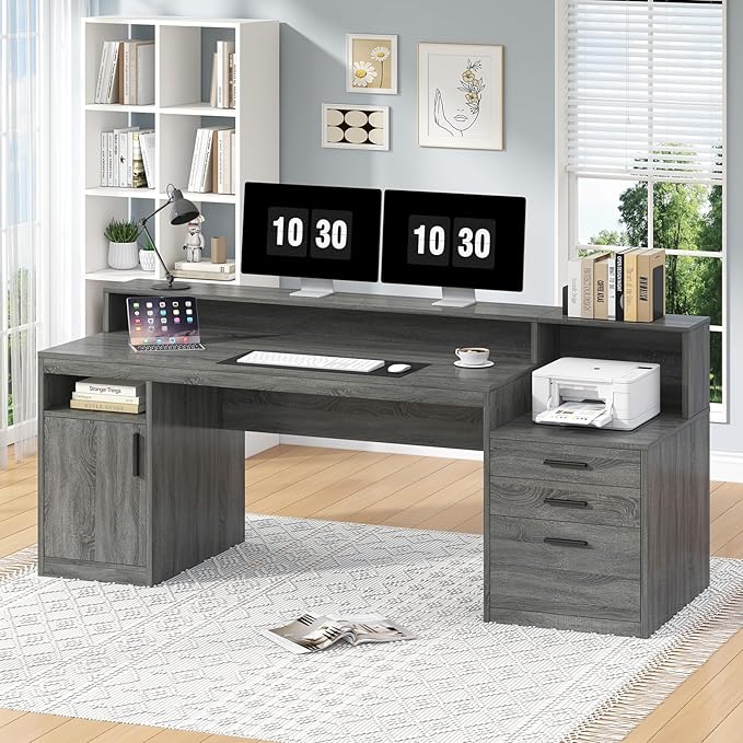 Executive Computer Desk with 3 Drawers & Storage Shelves, 65 Inch Home Office Desk with File Drawer & Cabinet, Writing Study Desks with Monitor Stand & Printer Shelf, Dark Grey