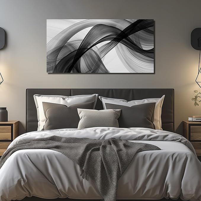 JuhaiArt Abstract Wall Art Large Black Picture Wall Decor White Canvas Art Modern Minimalist for Living Room Office 24"x 48" Monochrome Artwork