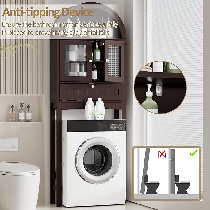 Spurgehom Over The Toilet Storage Cabinet, Bathroom Shelf Organizer Freestanding, Bathroom Arch Cabinet Over Toilet with Glass Door and Anti-Tipping Device, Coffee