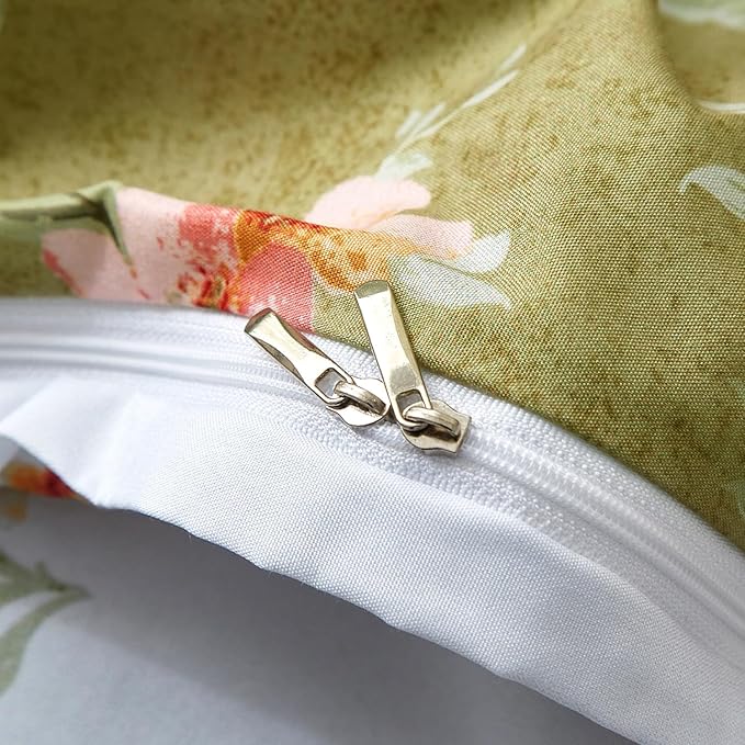 mixinni Duvet Cover Twin XL Size, Long Staple Cotton Reversible Floral Green Duvet Cover Set with Zipper Ties, 3 Pieces Botanical Pink Flowers and Green Branches Patterns Bedding Set