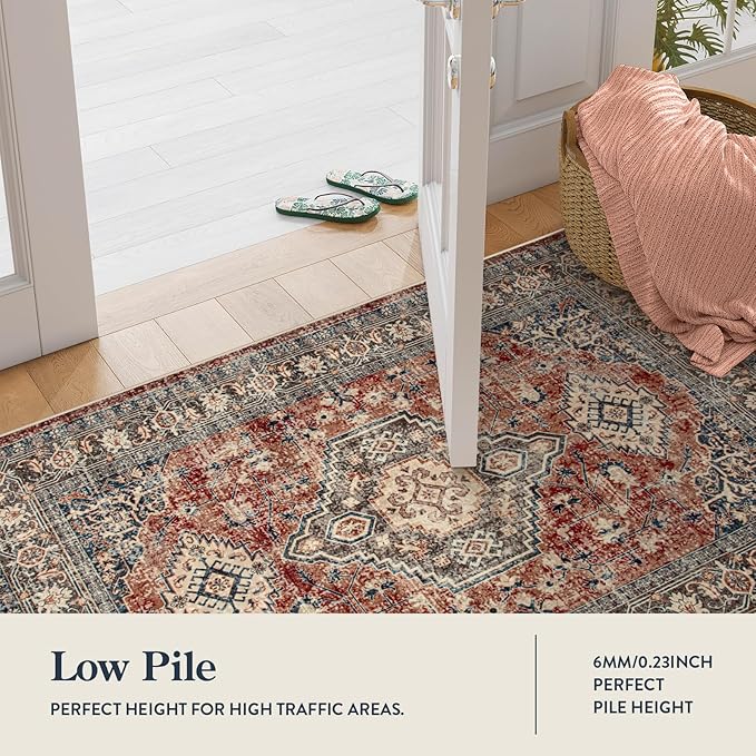 Lahome Oriental Washable Round Area Rug, Non-Slip Round Rugs 6ft Ultra-Thin, Soft Large Throw Circle Carpet for Living Room Bedroom Kitchen Nursery, Brick Red