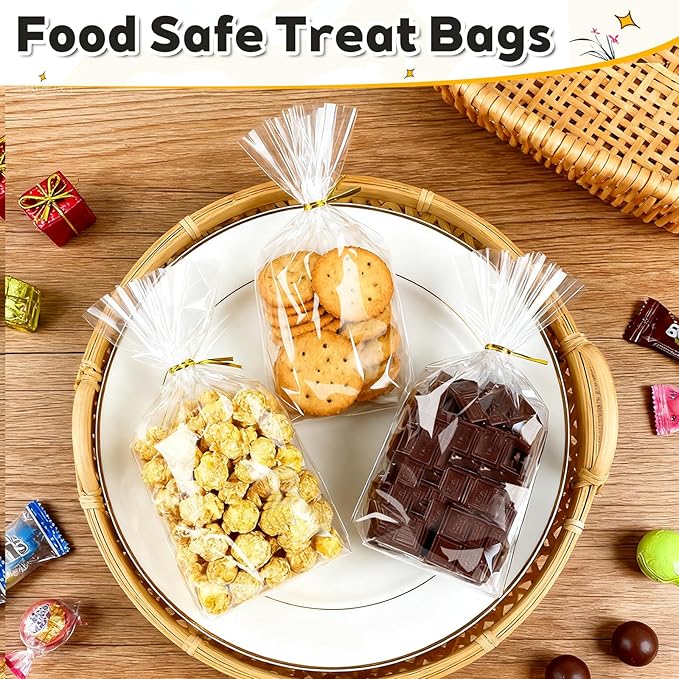 PigPotParty Cellophane Treat Bags 7"x10", 100 Pack Clear Goodie Bags, Bottom Gusset for Stand-Up Display, Small Plastic Gift Wrap for Cookies, Candy, Party Favors, Popcorn, Includes 100 Ties