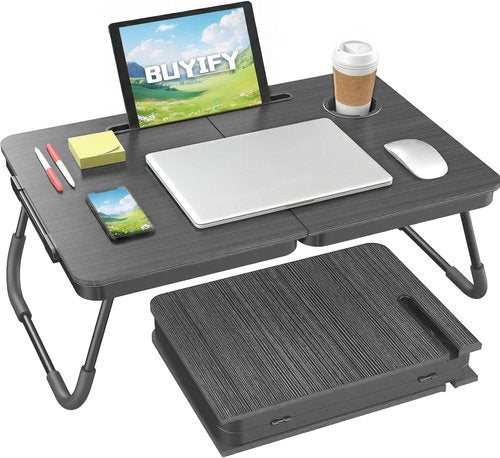 BUYIFY Foldable Laptop Bed Desk - Large Portable Tray Table with Cup Holder & Tablet Slot | Ideal for Eating, Writing, Studying (Black)