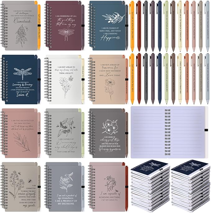 Kosiz 72 Pcs/36 Set Positive Affirmation Gifts Gratitude Spiral Notebooks with Pens Motivational Encouragement Notepads Daily Affirmations Journal for Women Valentine Galentine Gifts (Simple)