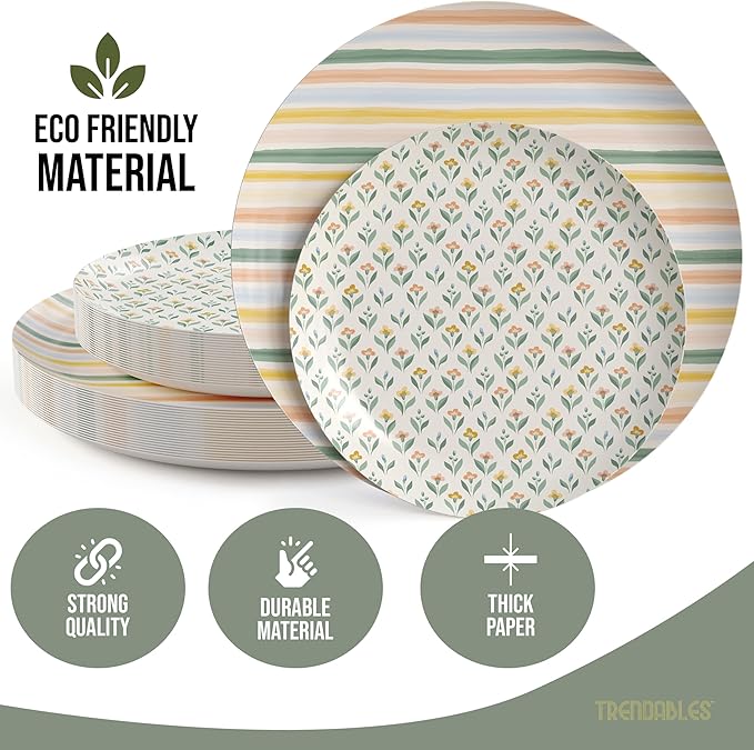 Trendables Heavy Duty Paper Plates Set For 32 Guests - 32 Each Of 8-inch And 10-inch Disposable Plates For Party - Fancy 64 Piece Dinnerware Set For All Occasions | Floral Design, Folk