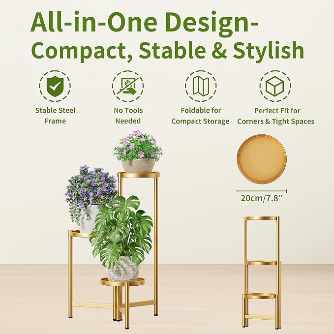 3 Tier Gold Plant Stand Indoor with 7.9 Inch Wide Tray, 3-Tiered Corner Metal Outdoor Flower Holder Stand, Folding Tall Rack for Display Shelf for Patio Porch Balcony - GoldDisk