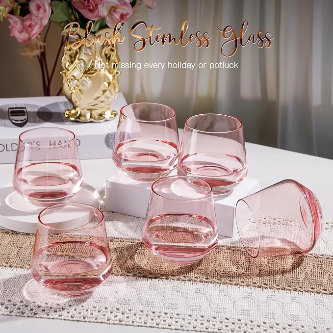 Pink Stemless Wine Glass Set of 6-14oz Wine Glasses, Stemless Drinking Glasses for Wine, Cocktails & Beverages - Elegant Glassware for Home, Bar & Holiday Use