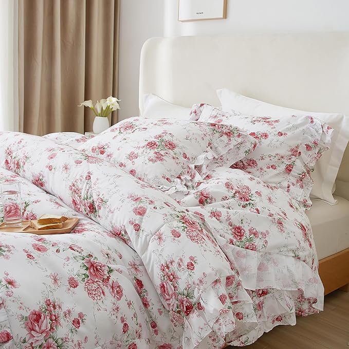 VM VOUGEMARKET Rose Flower Comforter Set King Size Romantic Girls Ruffle Bedding Comforter Soft Microfiber Botanical Comforter Set 1 Ruffled Comforter with 2 Pillowcases Lightweight Comfy