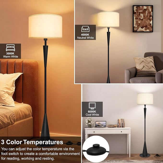 Floor Lamps for Living Room,61.5" Wood Floor Lamp,Retro Farmhouse Standing Lamp Includes 9W Bulb with 3-Color Temperature,Tall Lamp for Bedroom,Dining Room,Living Room,Corner,Black